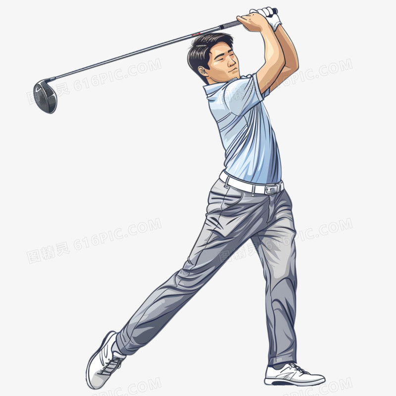 插画风一个中国青年在打高尔夫球免抠元素