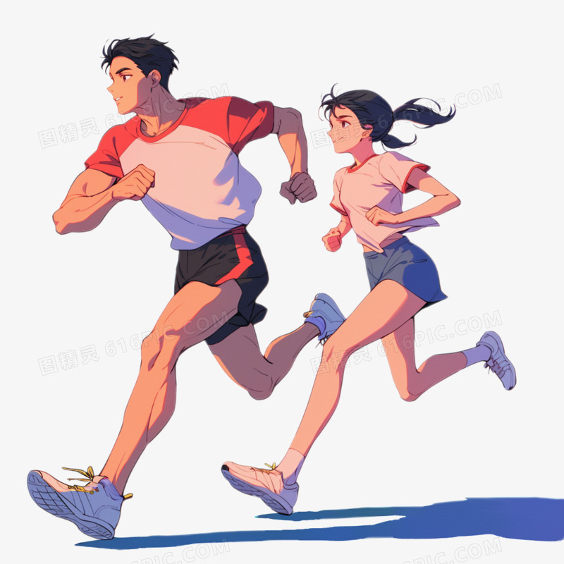 插画风运动两个年轻男孩女孩在跑步免抠元素