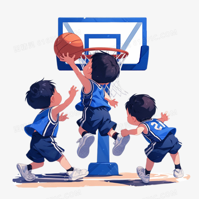 插画风三个小男孩在篮球场打篮球免抠元素