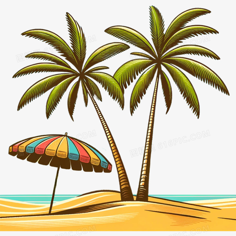 插画海滩椰子树沙滩椅免抠元素