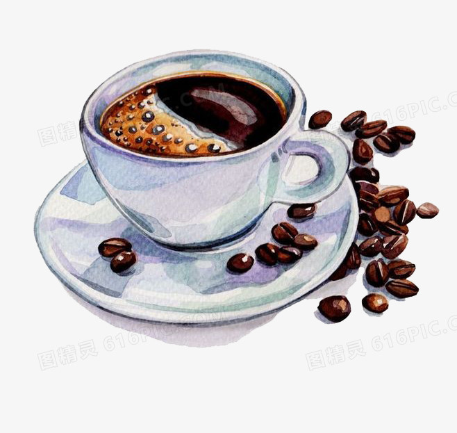 手绘水彩咖啡和咖啡豆