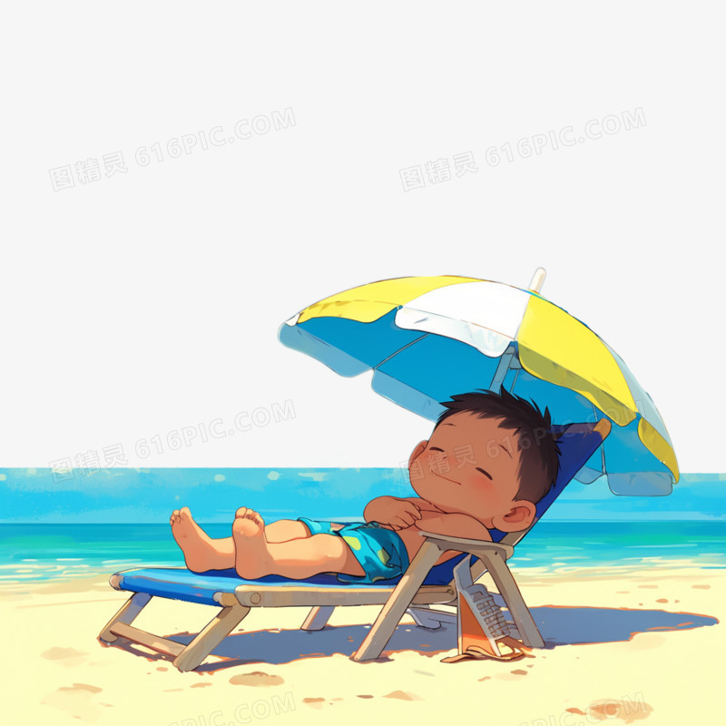 插画风夏天在海边躺椅休息的小男孩免抠元素