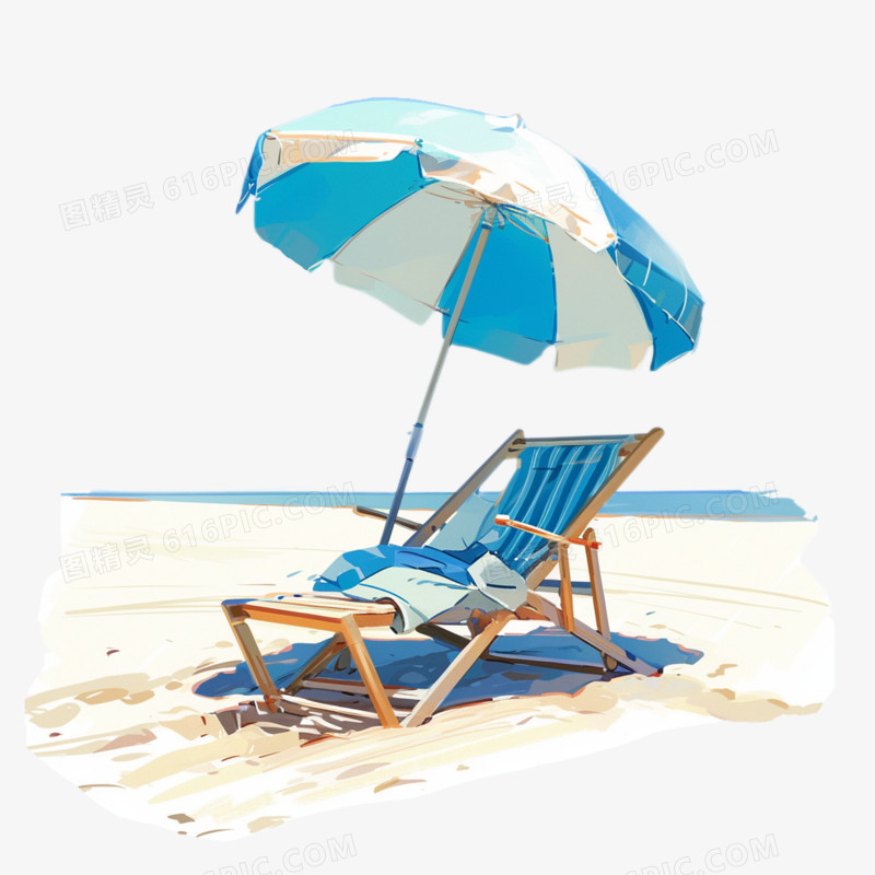 插画风夏日海边的躺椅和遮阳伞免抠元素