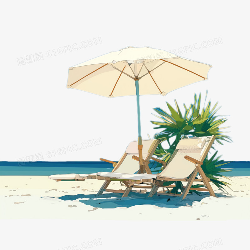 插画风夏日海边的躺椅和遮阳伞免抠元素