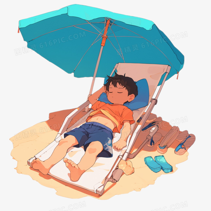 插画风夏日场景小男孩在海边躺椅休息免抠元素