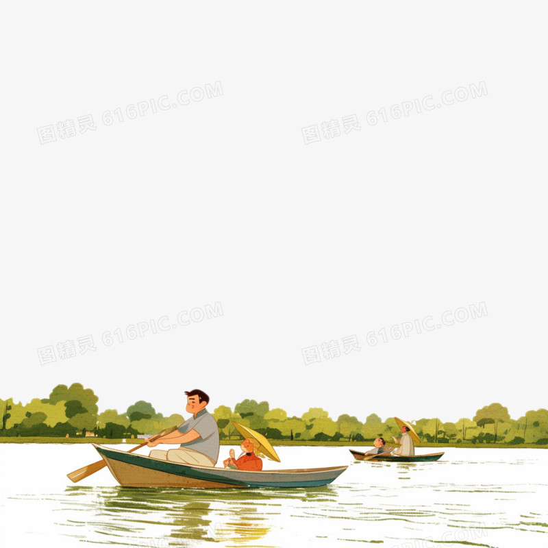 插画风夏天父亲和孩子在公园划船免抠元素