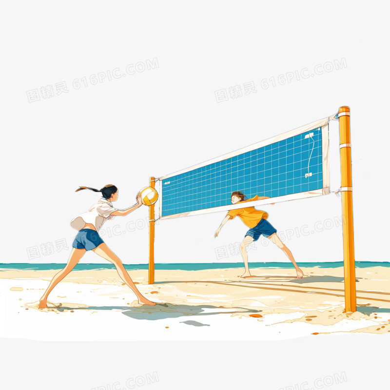 插画风夏日在海边打沙滩排球免抠场景