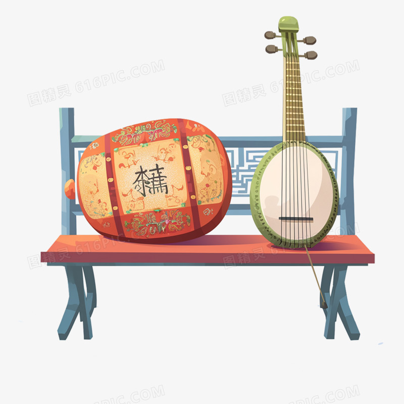 中国卡通风格乐器古琴免抠元素