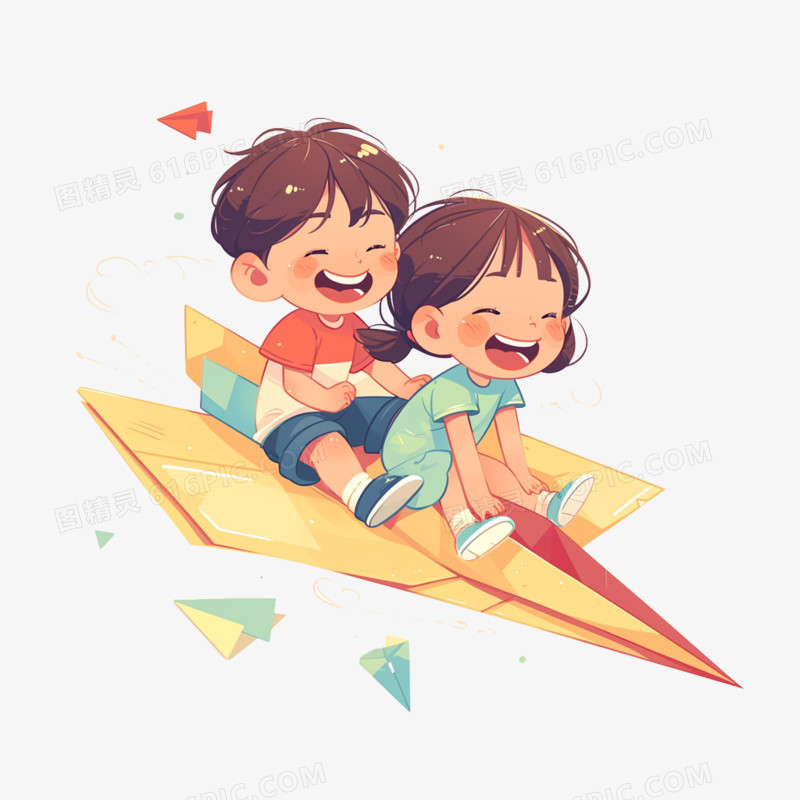 卡通手绘可爱女孩男孩坐纸飞机免抠元素