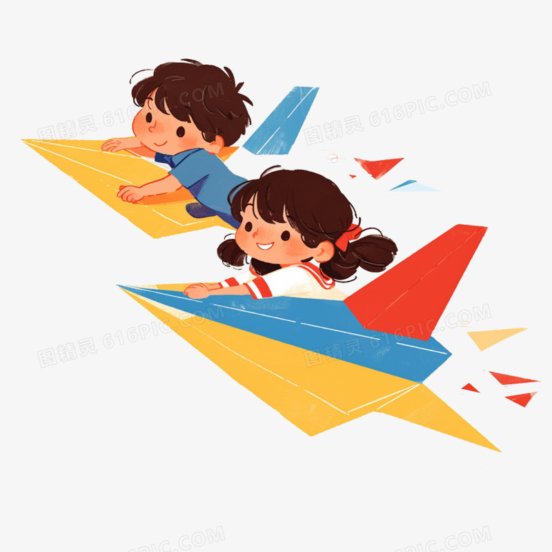 卡通手绘可爱女孩男孩坐纸飞机免抠元素