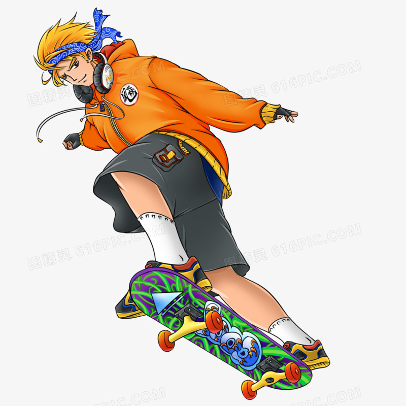 手绘卡通青年玩滑板元素