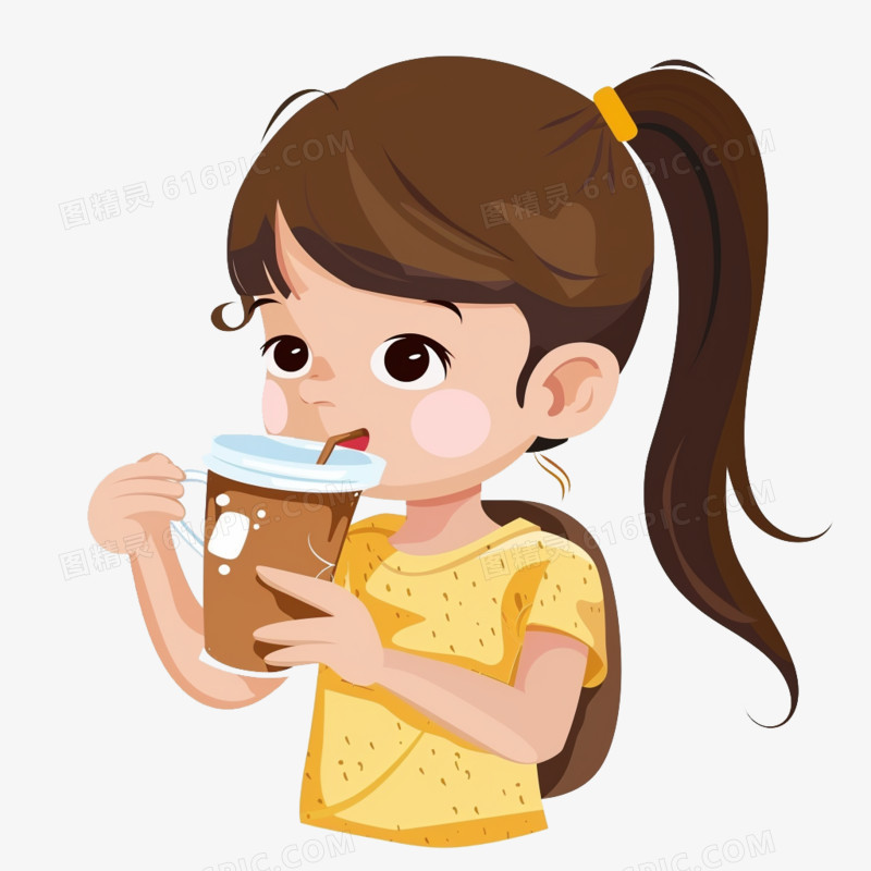 卡通风格喝奶茶的可爱女孩元素