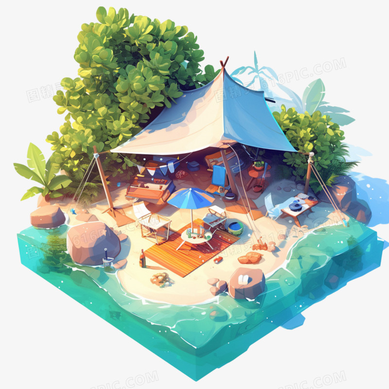 3D夏日沙滩露营免抠元素