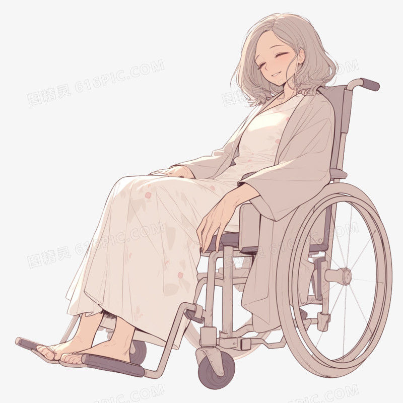 插画风坐轮椅的漂亮的女病人免抠元素