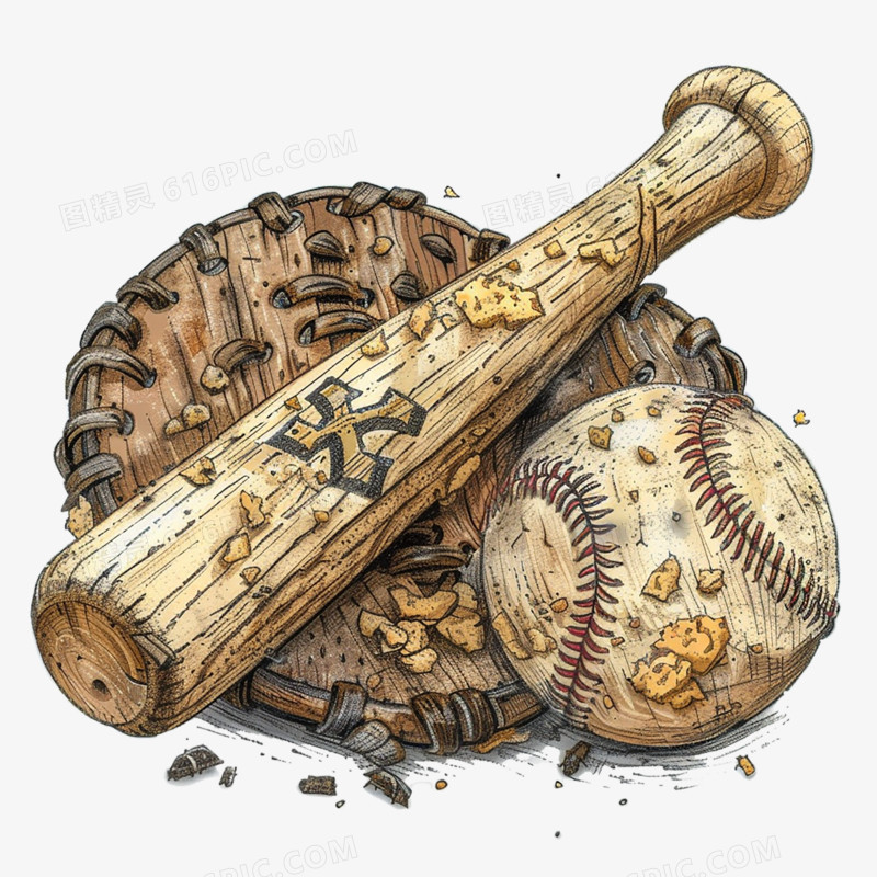 卡通手绘的棒球棒和棒球元素