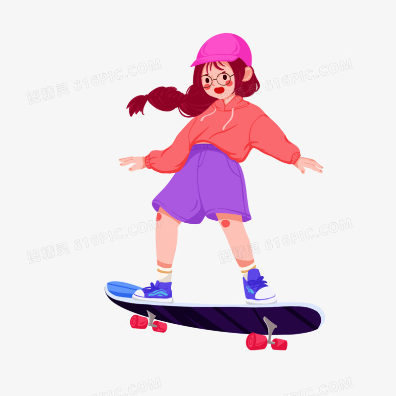 卡通手绘玩滑板的女孩元素