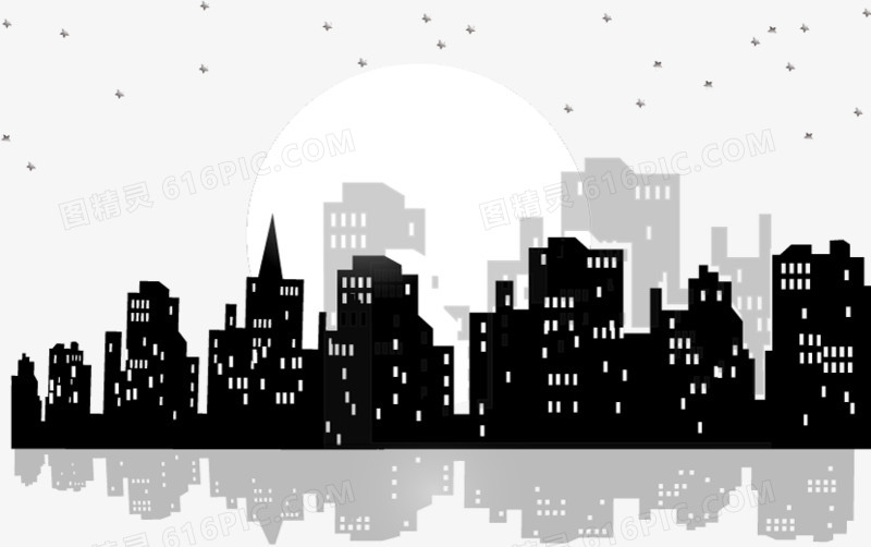 矢量夜晚的城市和月亮剪影.