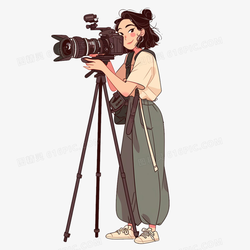 插画风传媒工作者女性摄影师免抠元素