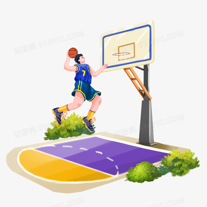 手绘篮球场打球免抠插画素材