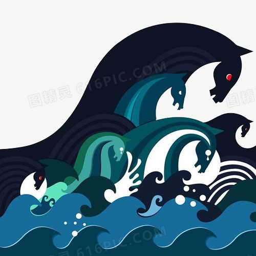 蓝色海浪海浪纹理手绘海浪矢量卡通太阳海浪小鱼背景插画pngeps创意海