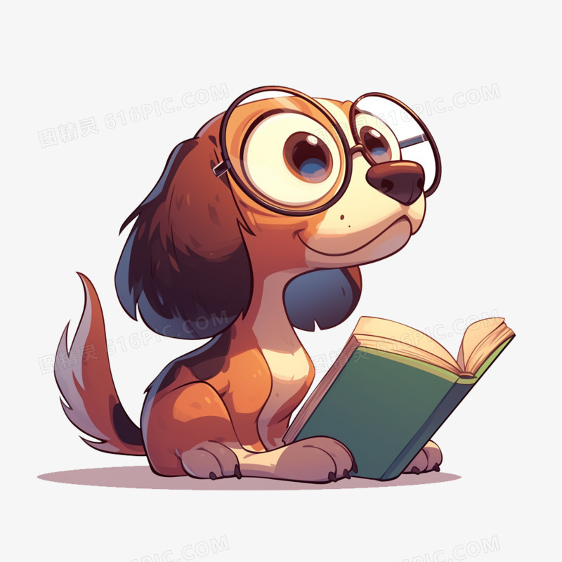 卡通风可爱的戴眼镜的小狗在看书免抠元素