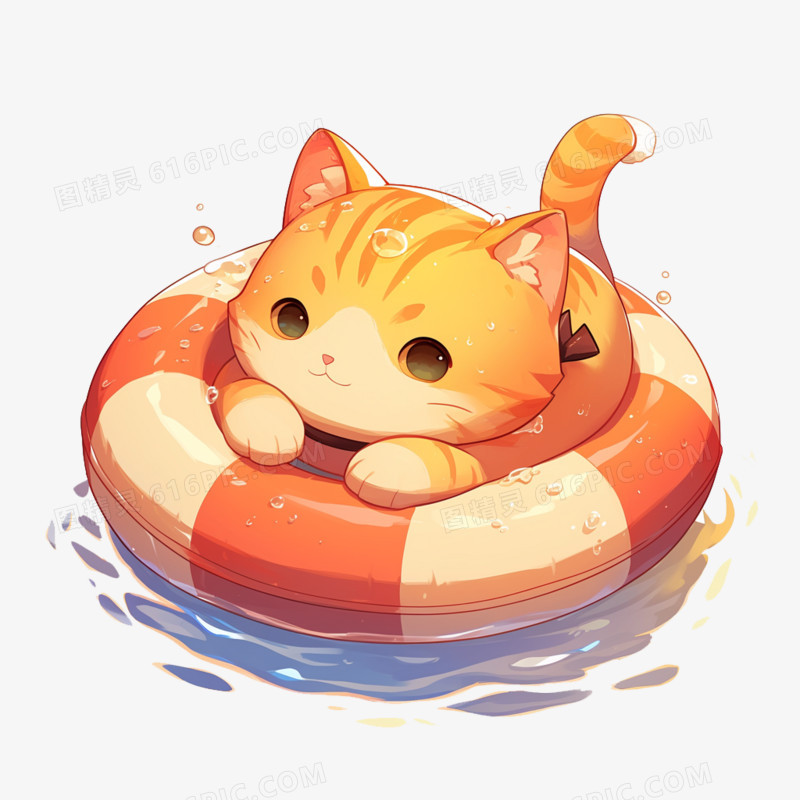 卡通风可爱的小猫趴在游泳圈上免抠元素