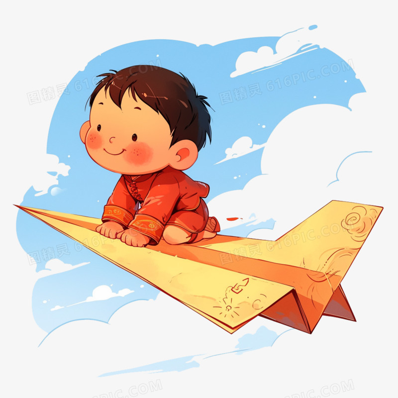 卡通风教育坐着纸飞机的小男孩免抠元素