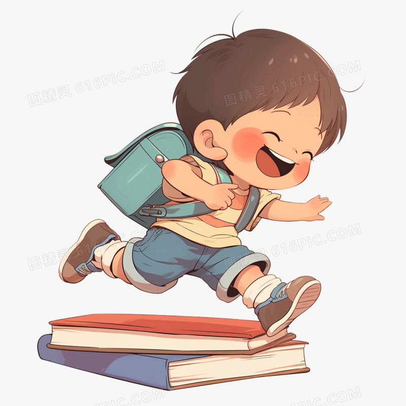 插画风小男孩在书上奔跑免抠元素