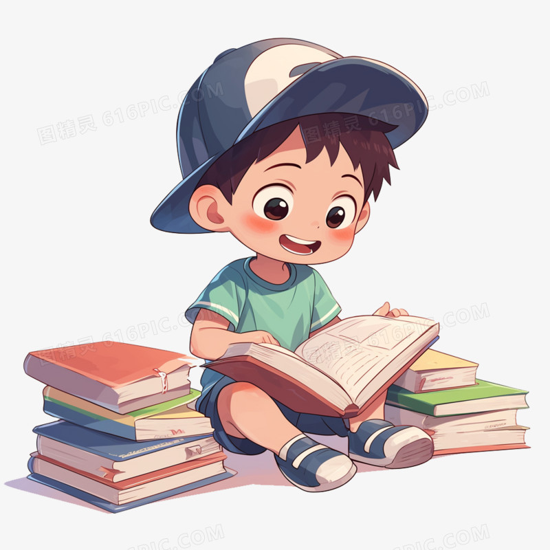 插画风教育小男孩在看书免抠元素