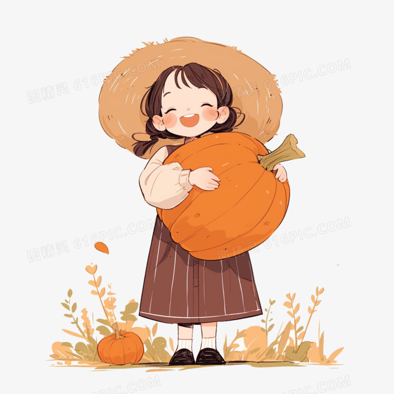 卡通风秋天一个小女孩抱着成熟的大南瓜免抠元素