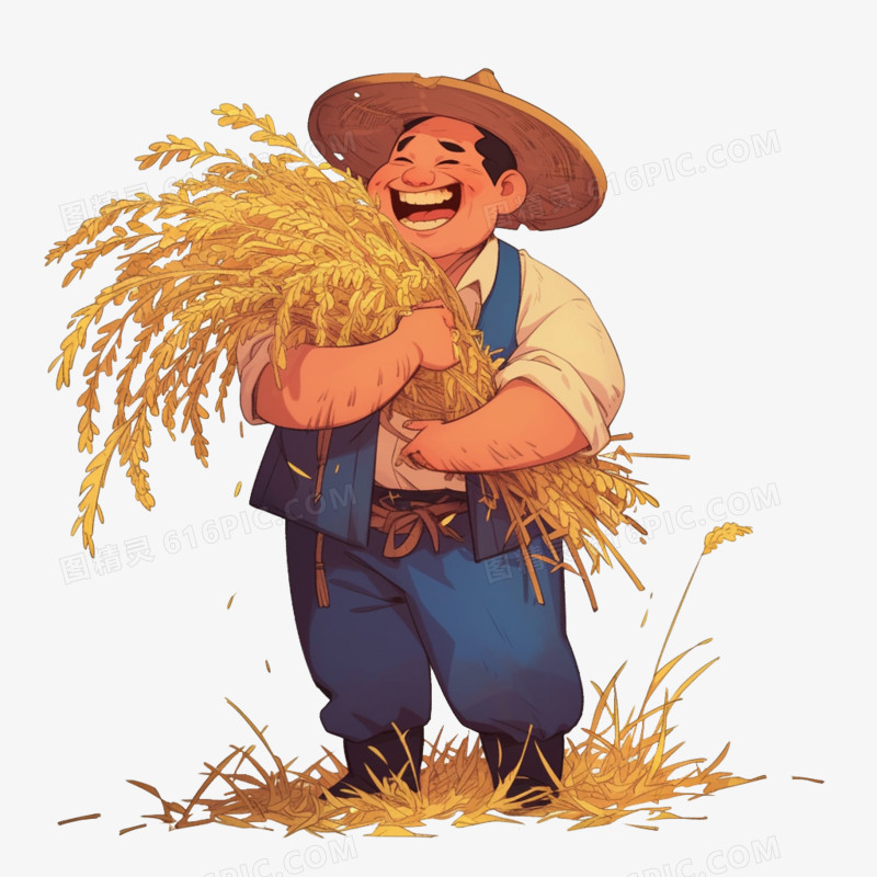 卡通风秋天一个农民抱着成熟的麦子免抠元素