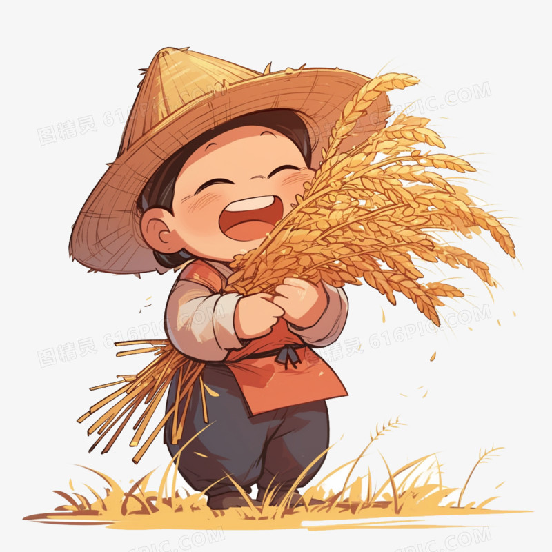 卡通风秋天一个小孩抱着成熟的麦子免抠元素