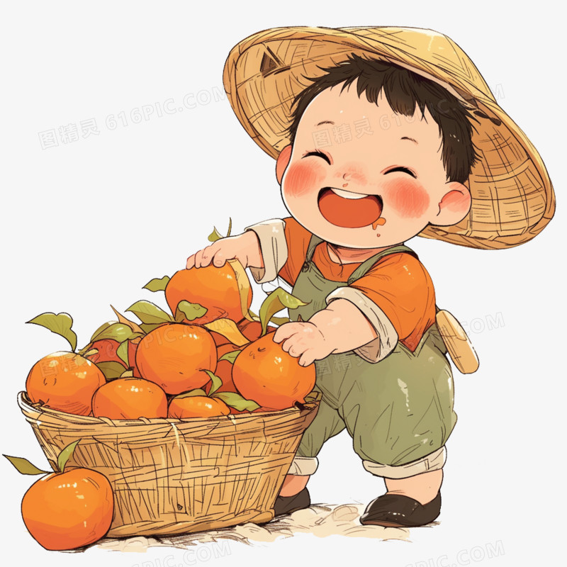 卡通风秋天一个小孩站在一篮柿子旁边免抠元素