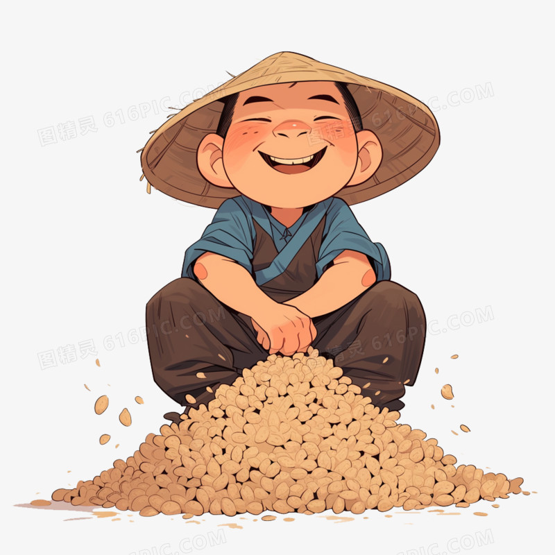 卡通风秋天一个农民坐在花生堆后免抠元素