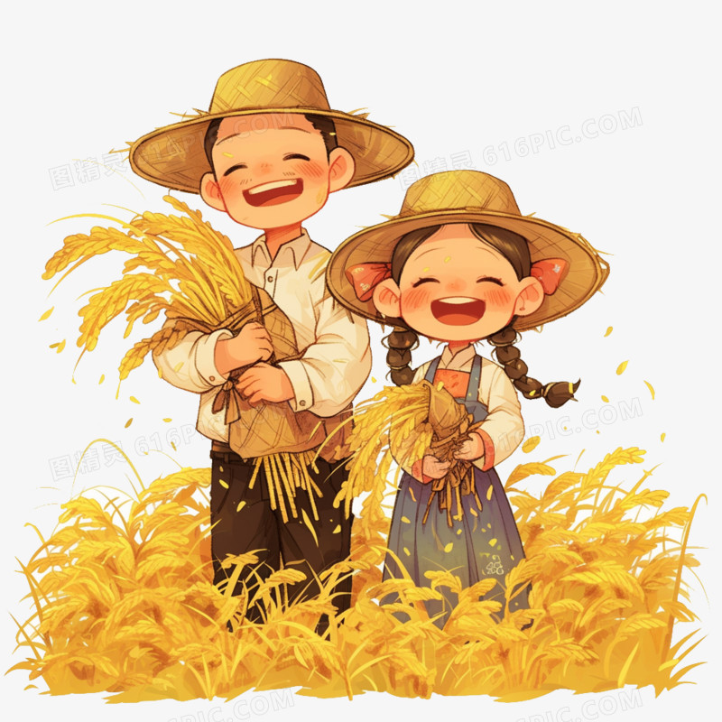 卡通风秋天一对父女抱着成熟的麦子免抠元素
