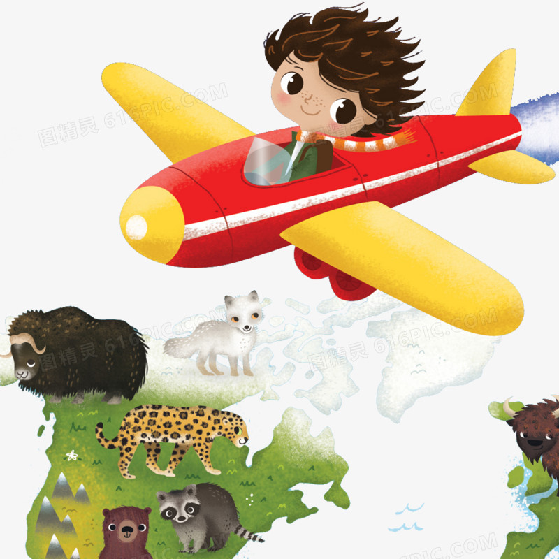 手绘男孩坐飞机动物