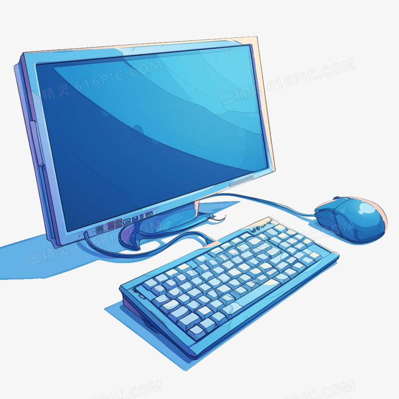 卡通风办公用品蓝色键盘鼠标显示器免抠元素