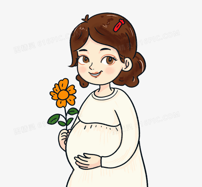手绘拿着花朵的孕妇免抠元素