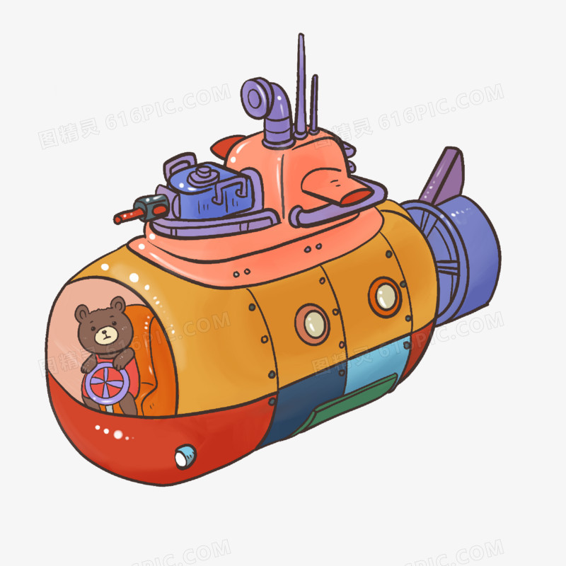 手绘开潜水艇的小动物插画元素