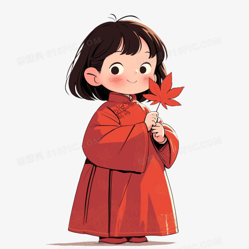 卡通风秋天小女孩拿着一片枫叶免抠元素