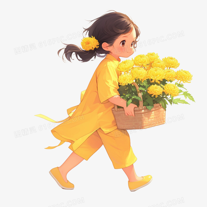 卡通风秋天小女孩抱着一竹篮菊花免抠元素
