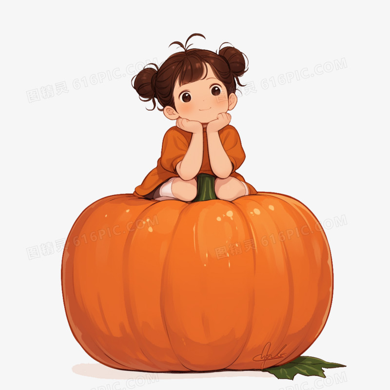 卡通风秋天小女孩坐在大南瓜上免抠元素