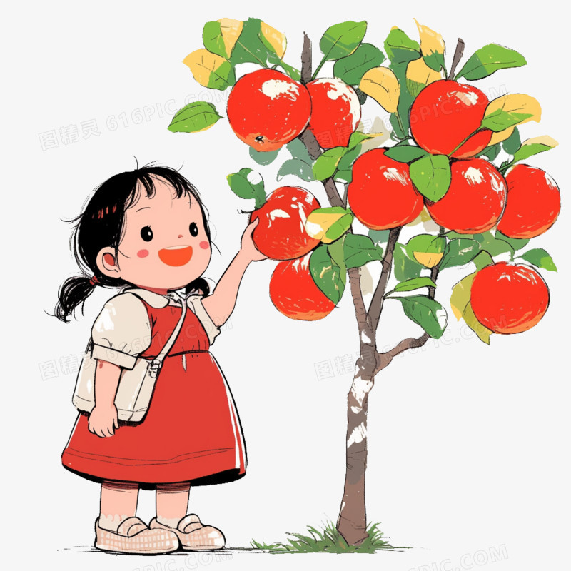 卡通风秋天小女孩站着苹果树下免抠元素