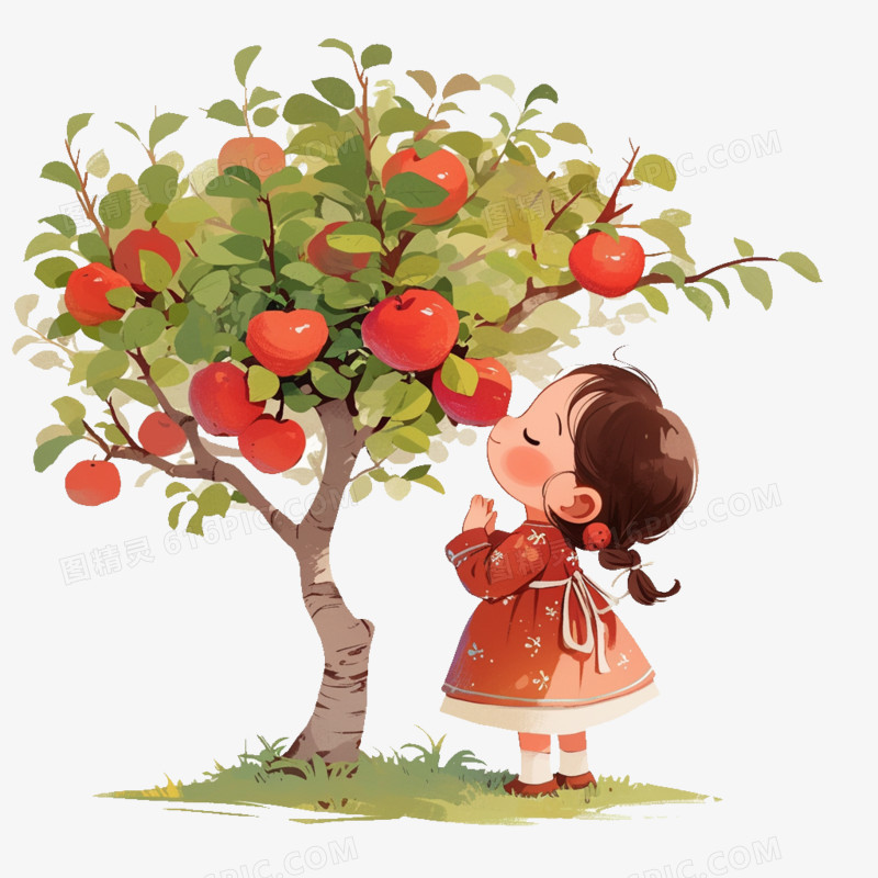 卡通风秋天小女孩站在苹果树下免抠元素