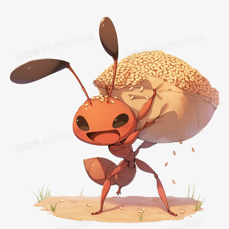 卡通风秋天蚂蚁搬大米免抠元素