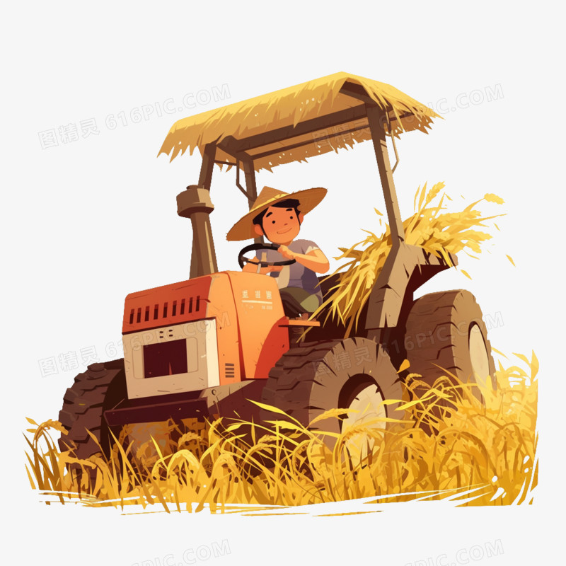 卡通风农业开着拖拉机收割麦子免抠元素