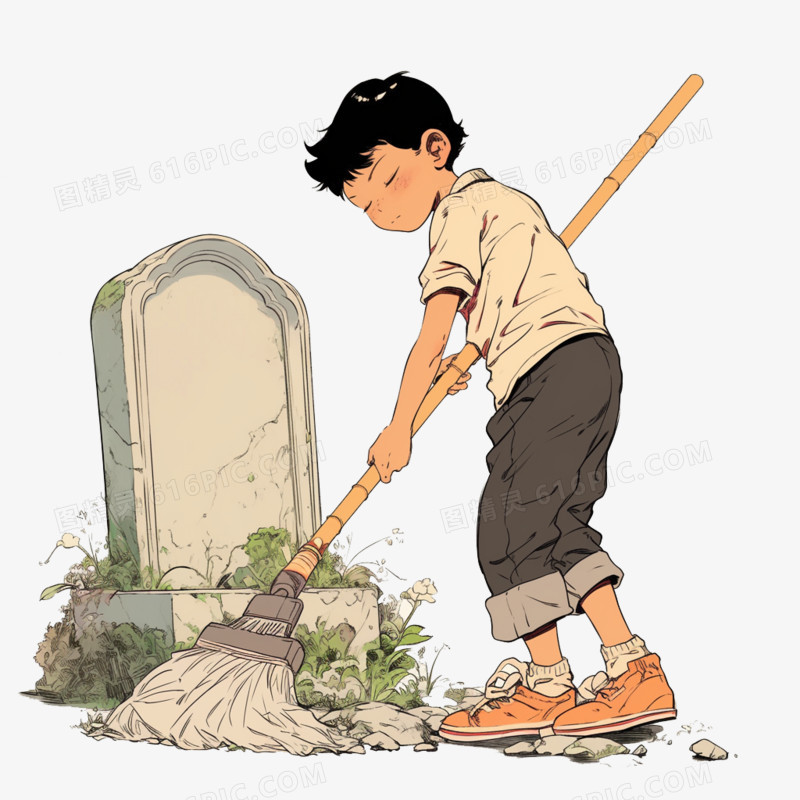 卡通风中元节男孩祭祀扫墓免抠元素