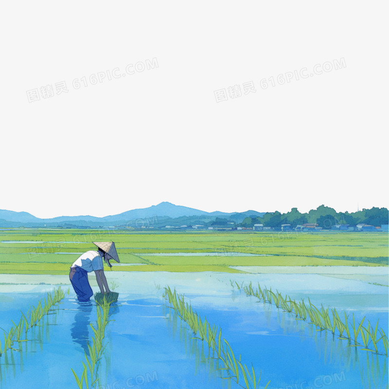 卡通风农业农民种植水稻场景免抠元素