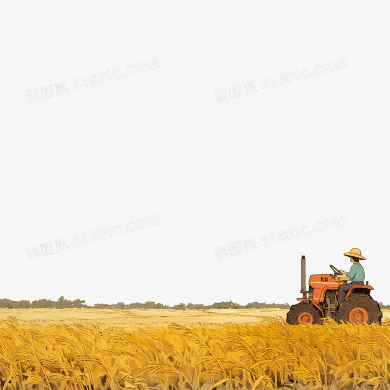卡通风农业农民开着拖拉机从农田里经过免抠元素