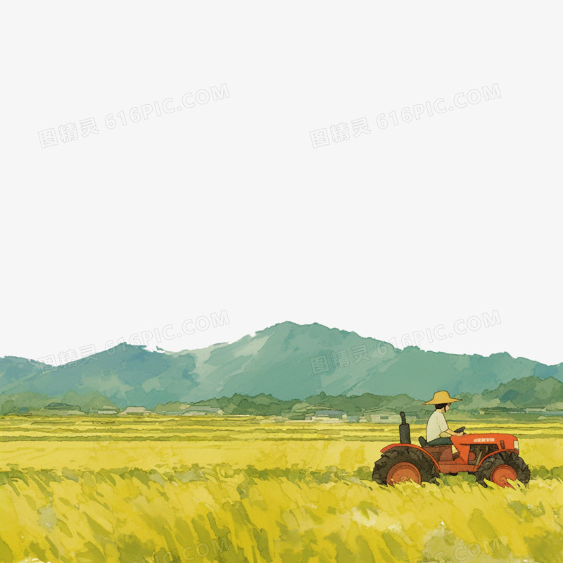 卡通风农业农民开着拖拉机从农田里经过免抠元素